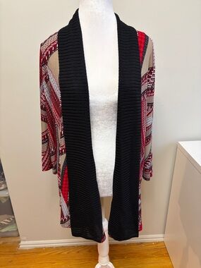 Chico's Red Black Geometric Print Knit Cardigan Open Front Size 1